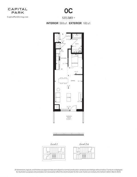 Floor plan for 1 bed, 1 bath, 593 sqft